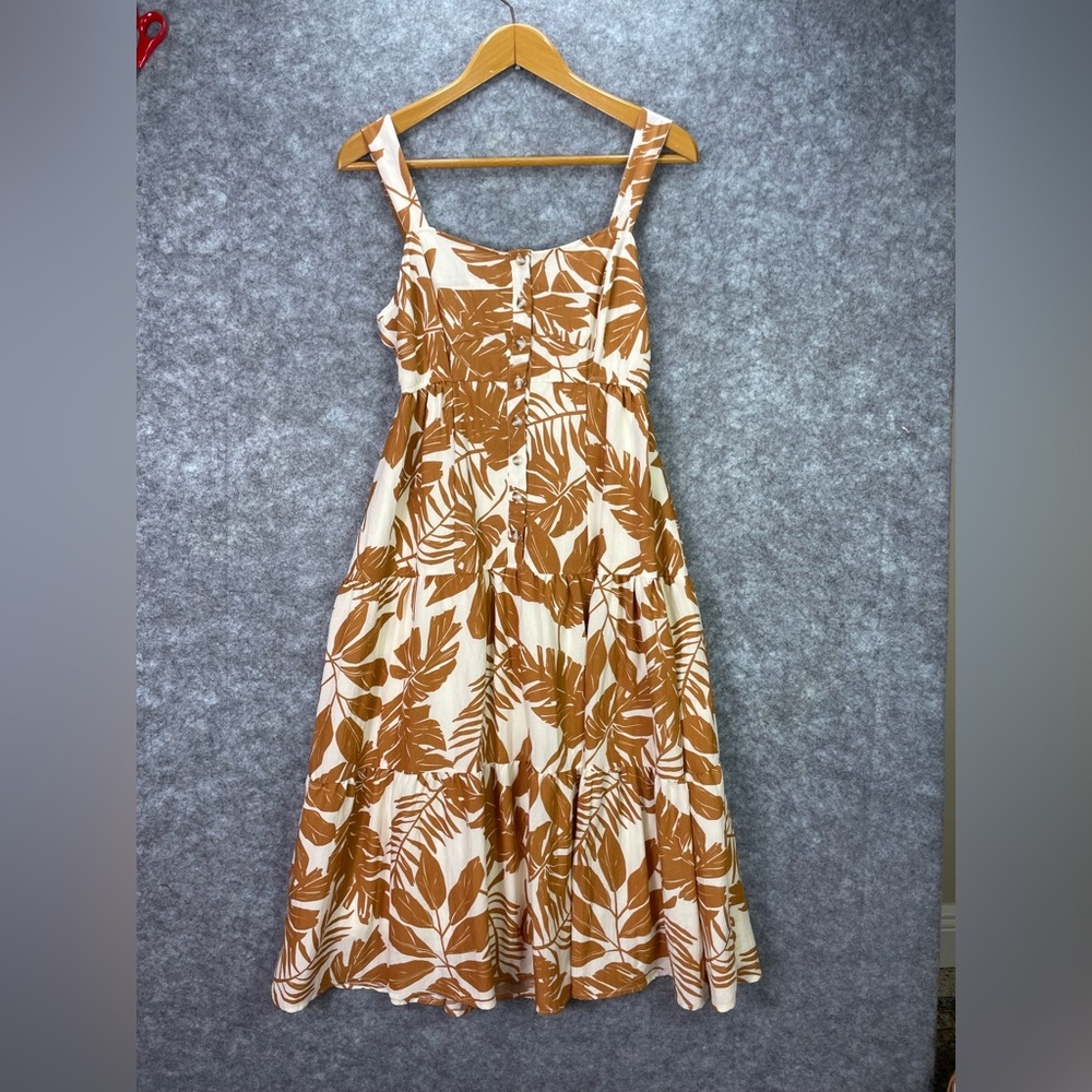 Blu Pepper Dress Womens Large Caramel White Leaf Print Maxi Button Front CR2177